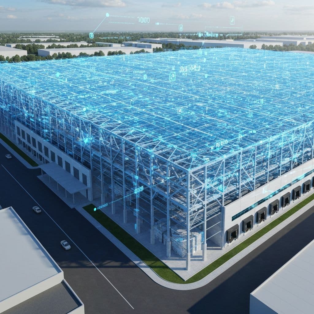 Capannone industriale moderno con overlay dati digitali — Albo Radar construction intelligence